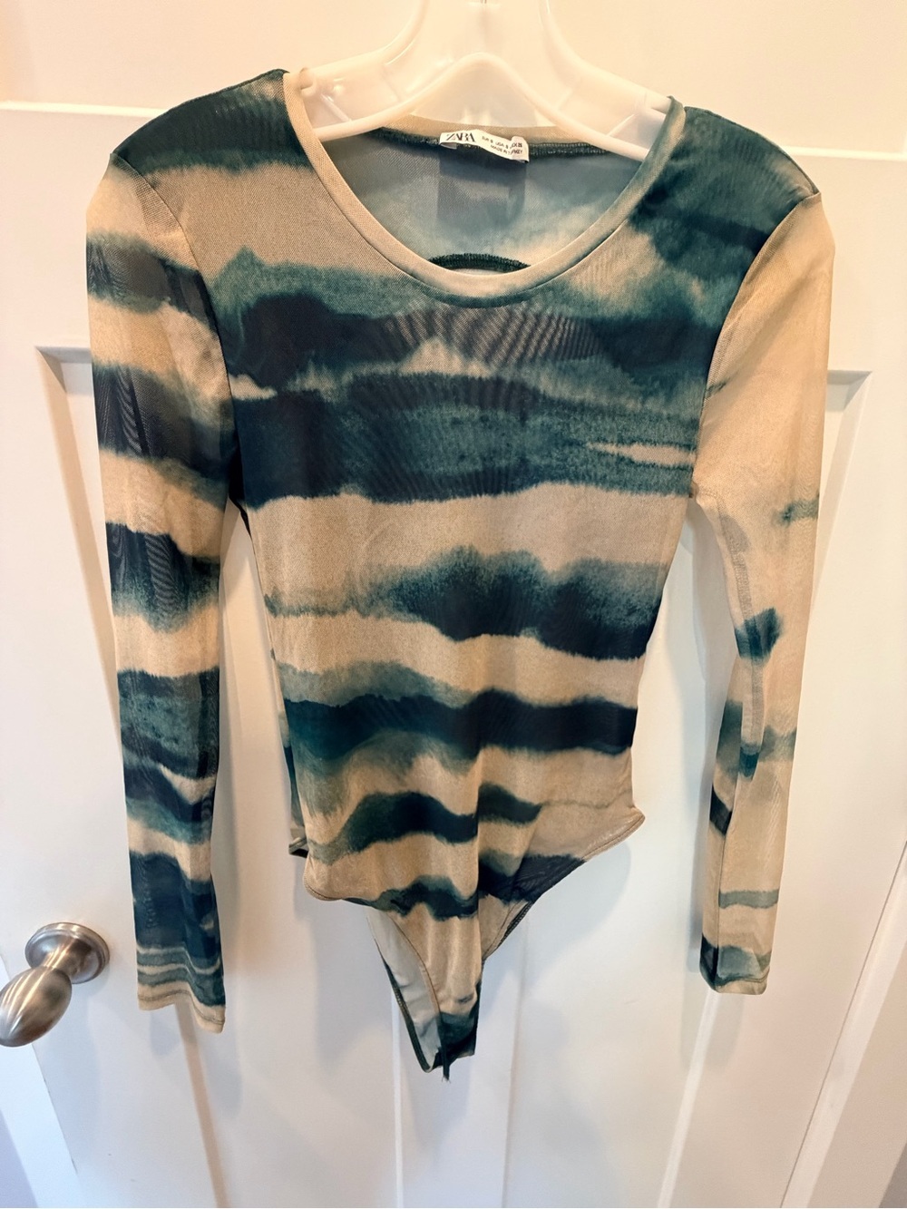 Zara Small Teal Beige Tie Dye Sheer Mesh Open Back Bodysuit